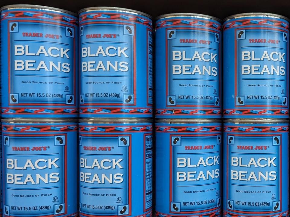 Cans of Trader Joe's black beans.