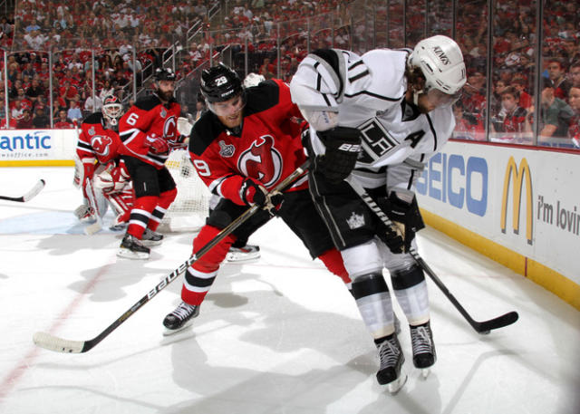 Zach Parise #9 of the New Jersey Devils shoots the puck