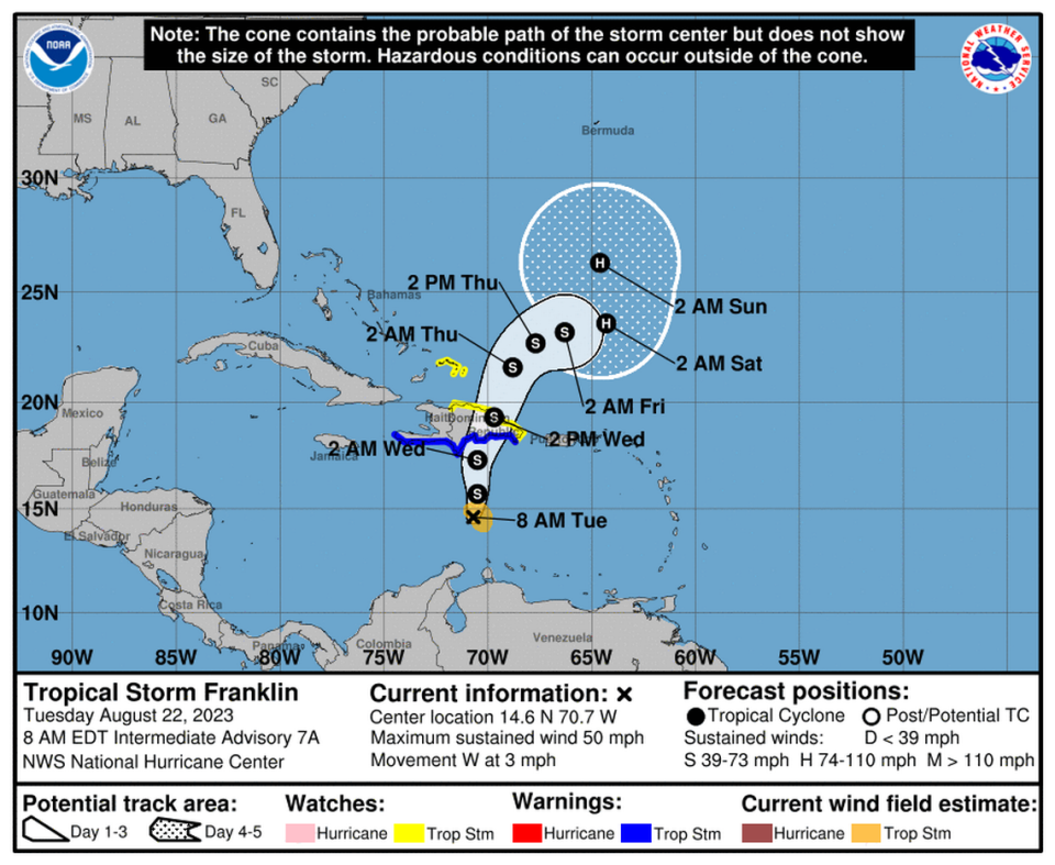 Tropical Storm Franklin is expected to become a hurricane over the weekend in the Atlantic Ocean.
