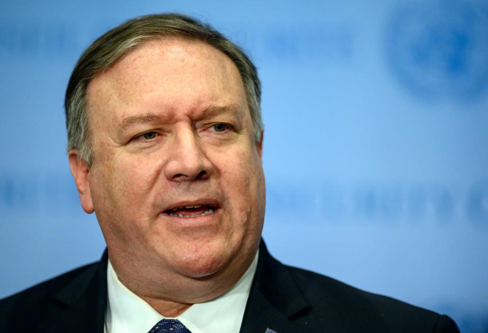 Secretary of State Mike Pompeo speaks to the press after attending a United Nations Security Council meeting in New York.