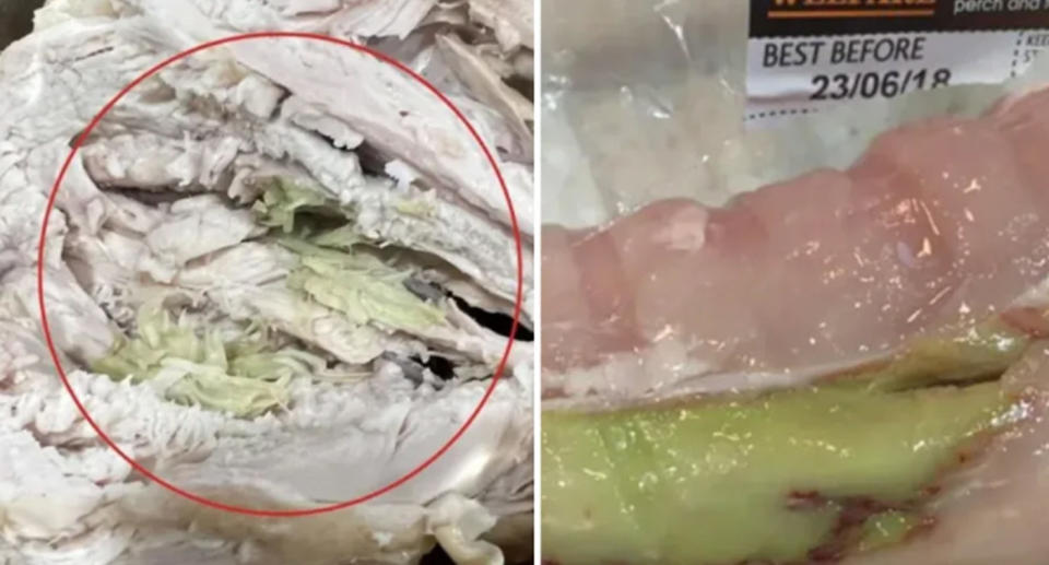 Left, roast chicken have green streaks in the meat with a red circle around it. Right, raw chicken has a lime green discolouration. 