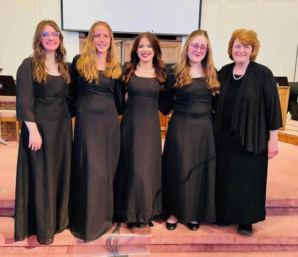 Marilyn Schraeder, right, worked with the Harlan Boys Choir and the Harlan Musettes for more than 50 years. Here she is shown with members of the Musettes at a concert in the spring of 2024.