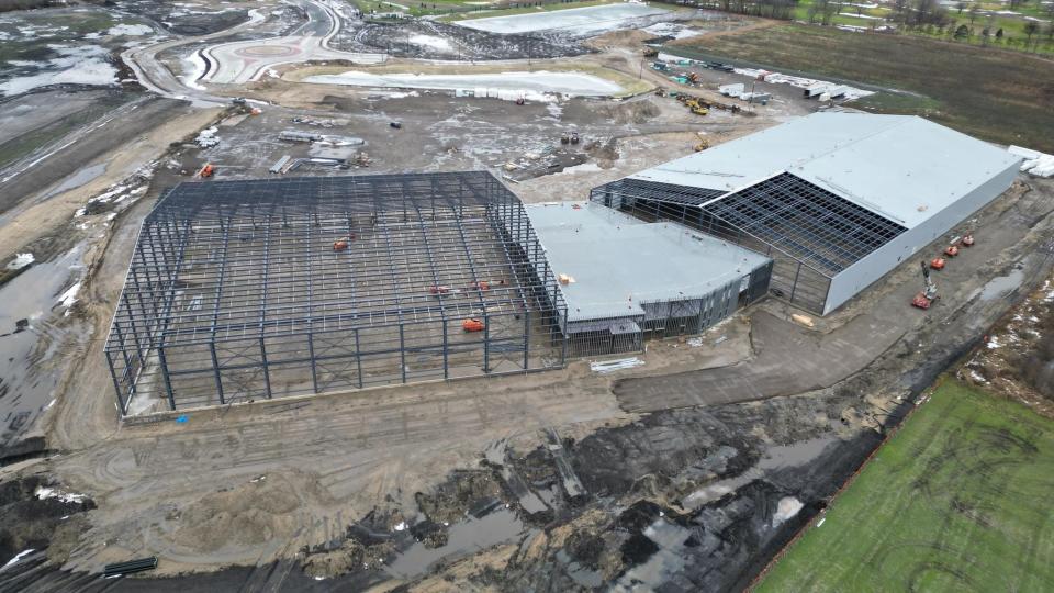 This drone image shows the progress of the construction of the Mishawaka Fieldhouse on Veterans Parkway near Juday Creek Golf Course that will open later this year as a regional sports facility.