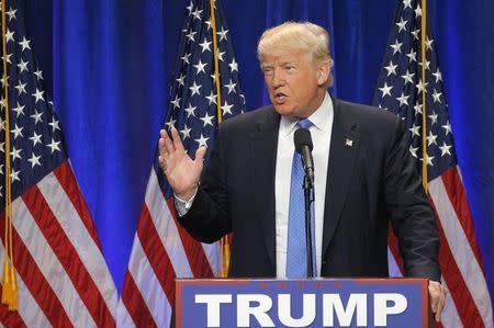 Republican U.S. presidential candidate Donald Trump delivers a speech at St. Anselm's College in Manchester, New Hampshire, U.S., June 13, 2016. REUTERS/Brian Snyder