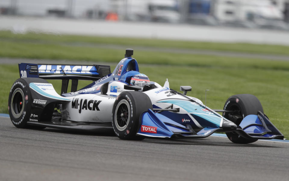 Takuma Sato, of Japan, drives during practice for the Indy GP IndyCar auto race at Indianapolis Motor Speedway, Friday, May 10, 2019 in Indianapolis. (AP Photo/Michael Conroy)