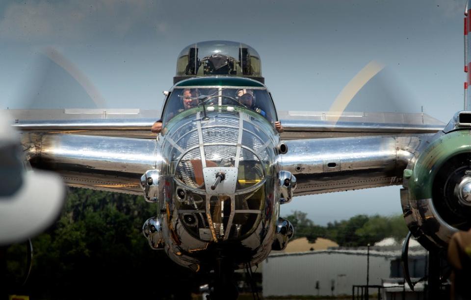 The B-25 "Panchito" taxis off the runway during the daily airshow at the 47th Sun 'n Fun Aerospace Expo at Lakeland Linder International Airport in Lakeland in 2021.