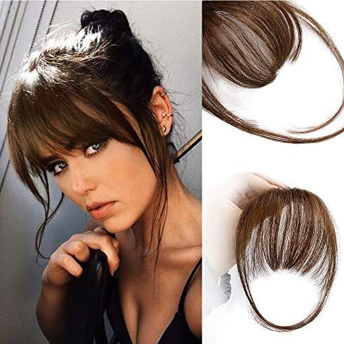 5) AISI QUEENS Clip in Bangs 100% Human Hair Extensions Reddish Brown Clip on Fringe Bangs with nice net Natural Flat neat Bangs with Temples for women One Piece Hairpiece (Air Bangs, Medium Brown)