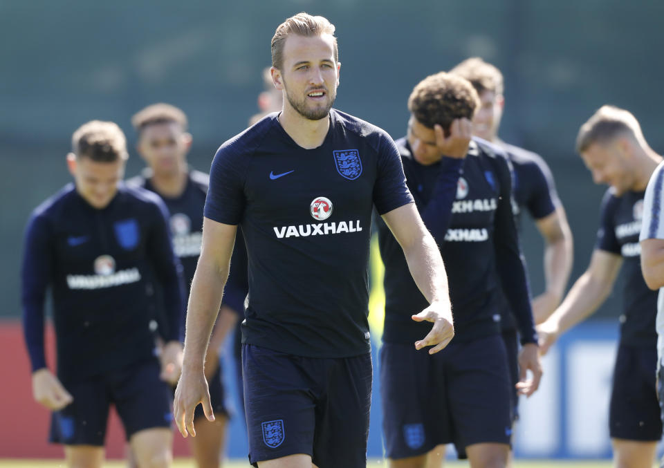 England’s Harry Kane, centre, and his teammates attend England’s official training in Zelenogorsk near St. Petersburg. (AP Photo/Dmitri Lovetsky)