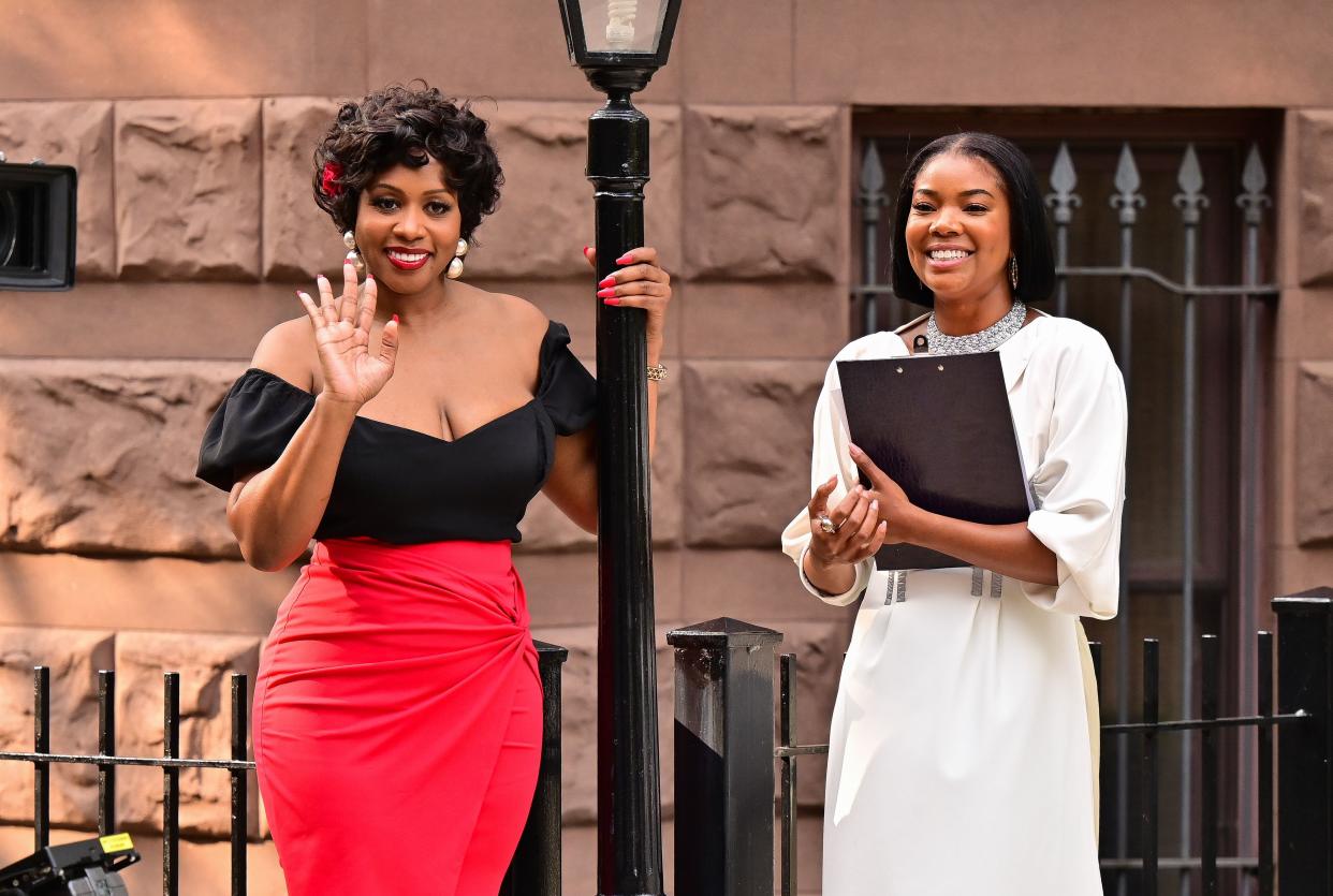 Remy Ma and Gabrielle Union-Wade are seen on the set of "The Perfect Find" in Harlem on July 21, 2021, in New York City.