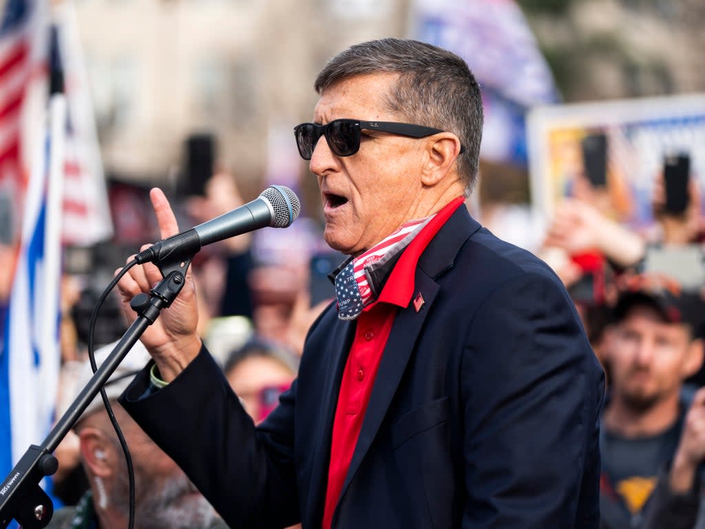 Michael Flynn addresses Trump supporters in December 2020 (EPA-EFE)