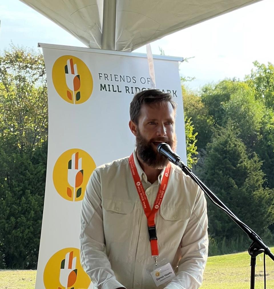 Darrell Hawks, executive director of Friends of Mill Ridge Park, at breakfast and presentation, Sep. 22, 2022, in Antioch.