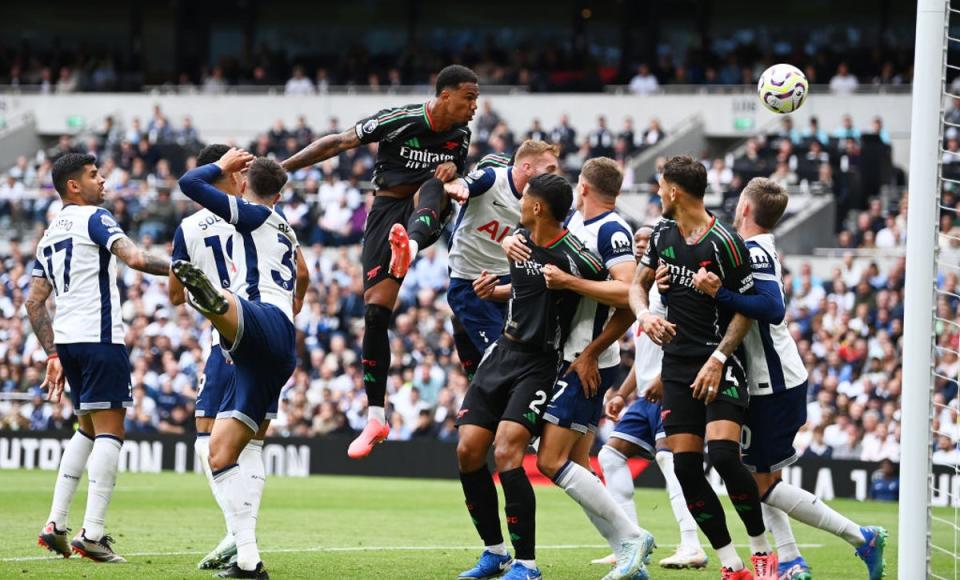 Gabriel leaps highest to bury Arsenal’s winning goal from close range (Getty)