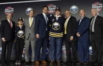 June 23, 2017; Chicago, IL, USA; Casey Mittelstadt poses for photos after being selected as the number eight overall pick to the Buffalo Sabres in the first round of the 2017 NHL Draft at the United Center. Mandatory Credit: David Banks-USA TODAY Sports