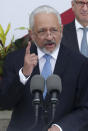 Ricaurte Vasquez, the Panama Canal's new administrator, speaks during his swearing-in ceremony at the Panama Canal Administration Building in Panama City, Thursday, Sept. 5, 2019. Vasquez will administer the canal for a seven-year period and replaces Jorge Quijano. (AP Photo/Arnulfo Franco)