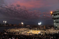 SAN DIEGO, CA - NOVEMBER 11: A general view as the Michigan State Spartans take on the North Carolina Tar Heels in the first half during the NCAA men's college basketball Carrier Classic aboard the flight deck of the USS Carl Vinson on November 11, 2011 in San Diego, California. (Photo by Harry How/Getty Images)