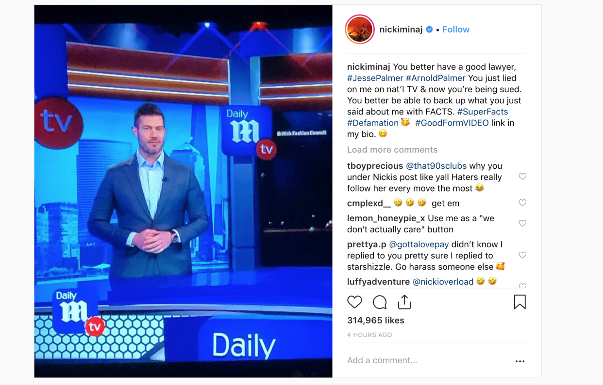 Nicki Minaj posted this to Instagram about Jesse Palmer on Dec. 11. (Via Instagram)