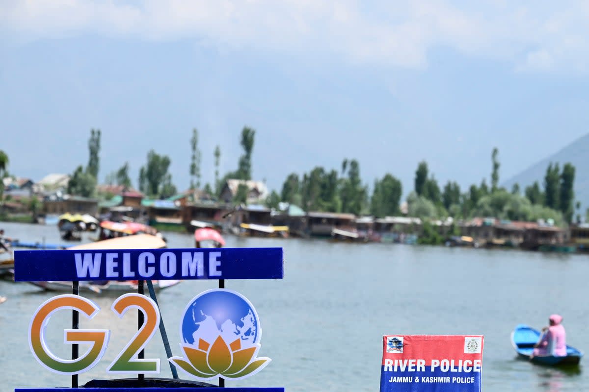 A G20 logo is pictured on a boat in Dal Lake ahead of the G20 meeting in Srinagar (AFP via Getty Images)