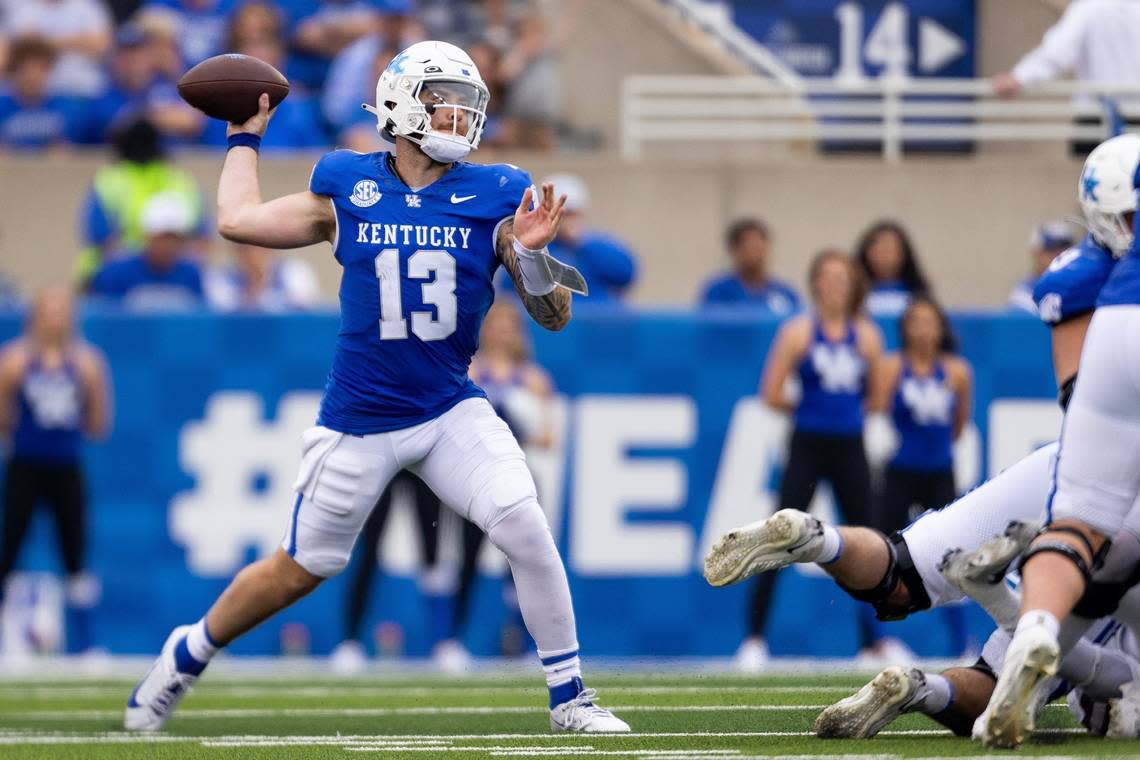 Kentucky quarterback Devin Leary threw for 299 yards and four touchdowns in UK’s 28-17 win over Eastern Kentucky last week.
