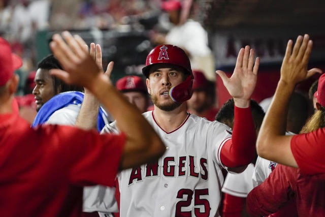 Los Angeles Angels' Shohei Ohtani wears an elbow brace during base running  drills before the Major League Baseball game against the Seattle Mariners  at Angel Stadium in Anaheim, California, United States, April