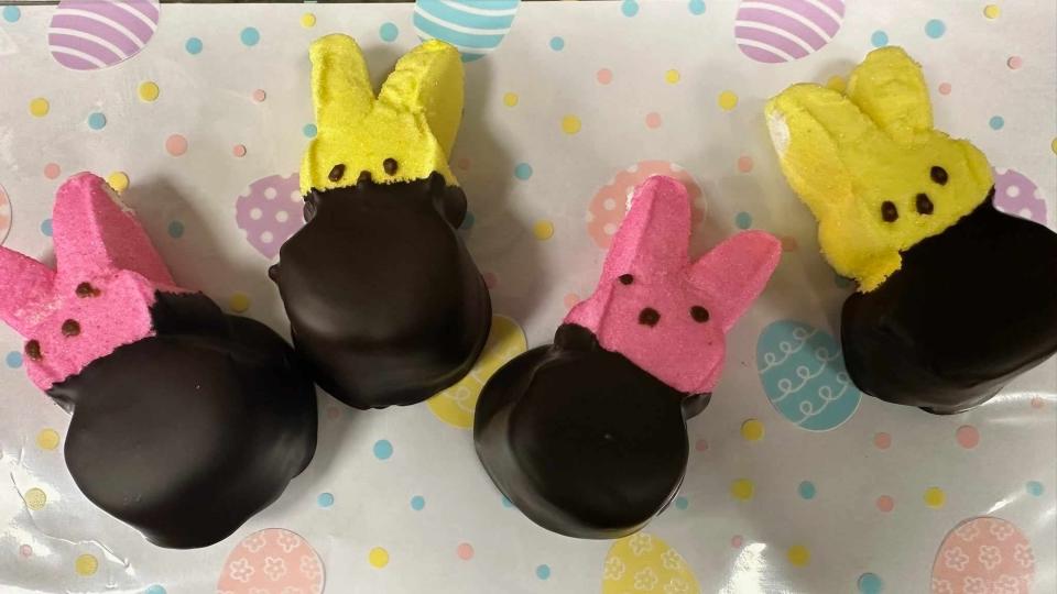 Chocolate-dipped Peeps bunnies are a favorite at Pure Imagination Chocolatier.