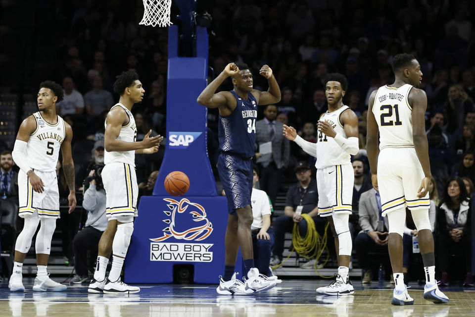 Georgetown's Qudus Wahab (34) reacts after making a basket during the first half of an NCAA college basketball game against Villanova, Saturday, Jan. 11, 2020, in Philadelphia. (AP Photo/Matt Slocum)