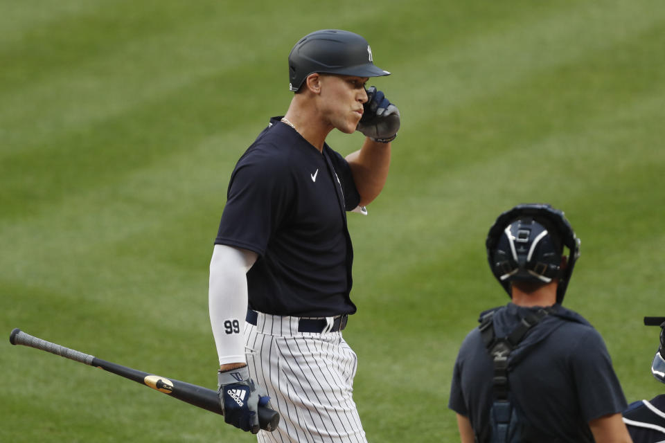 New York Yankees' Aaron Judge reacts after an at-bat during an intrasquad baseball game Monday, July 6, 2020, at Yankee Stadium in New York. (AP Photo/Kathy Willens)