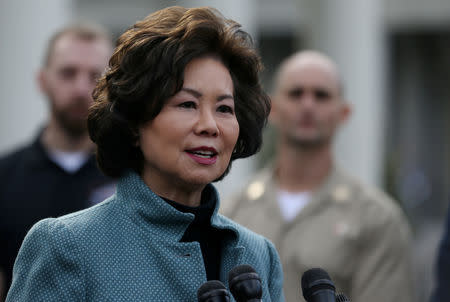 FILE PHOTO: U.S. Department of Transportation Secretary Elaine Chao speaks to the news media outside of the West Wing of the White House in Washington, U.S., March 4, 2019. REUTERS/Leah Millis/File Photo