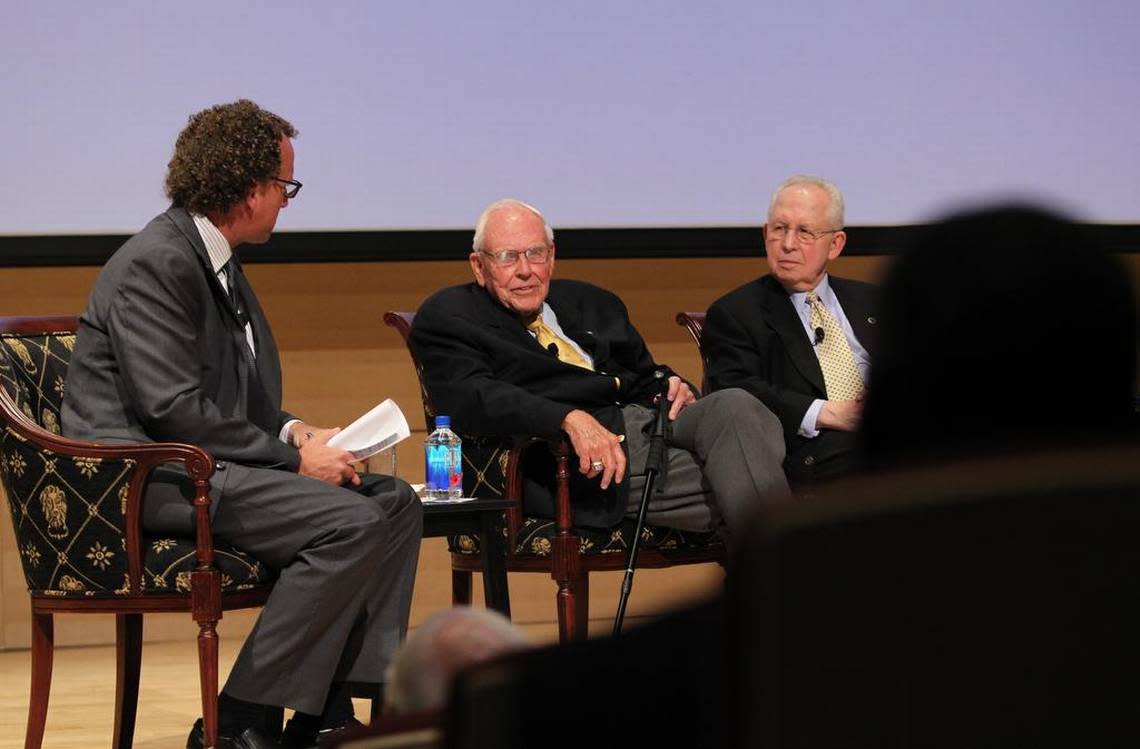 To celebrate the 25th anniversary of the University of South Carolina becoming part of the Southeastern Conference, several past commissioners of the SEC spoke during a round-table discussion on campus. Pictured from left are, Moderator Abe Madkour; Former Commissioners Roy Kramer, and Mike Slive.
