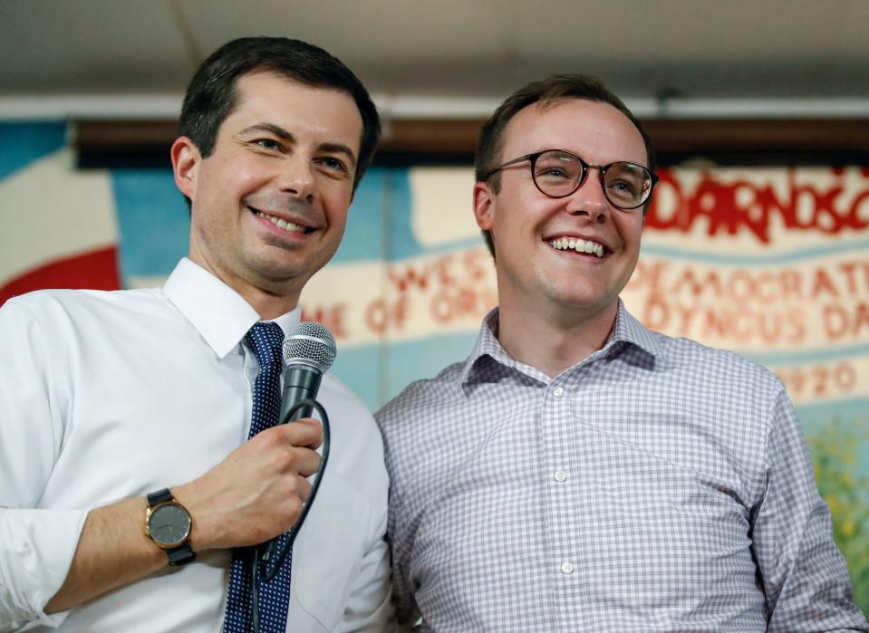 (FILES) In this file photo taken on April 22, 2019, South Bend Mayor and Democratic presidential candidate Pete Buttigieg (L) speaks besides husband Chasten Glezman at the West Side Democratic Club during a Dyngus Day celebration event in South Bend, Indiana. - Buttigieg, the gay, liberal mayor of the small American city of South Bend, in the conservative bastion of Indiana, officially launched his presidential bid on April 14th, joining a crowded field of Democrats vying for their party's nomination in 2020. (Photo by KAMIL KRZACZYNSKI / AFP)        (Photo credit should read KAMIL KRZACZYNSKI/AFP/Getty Images)