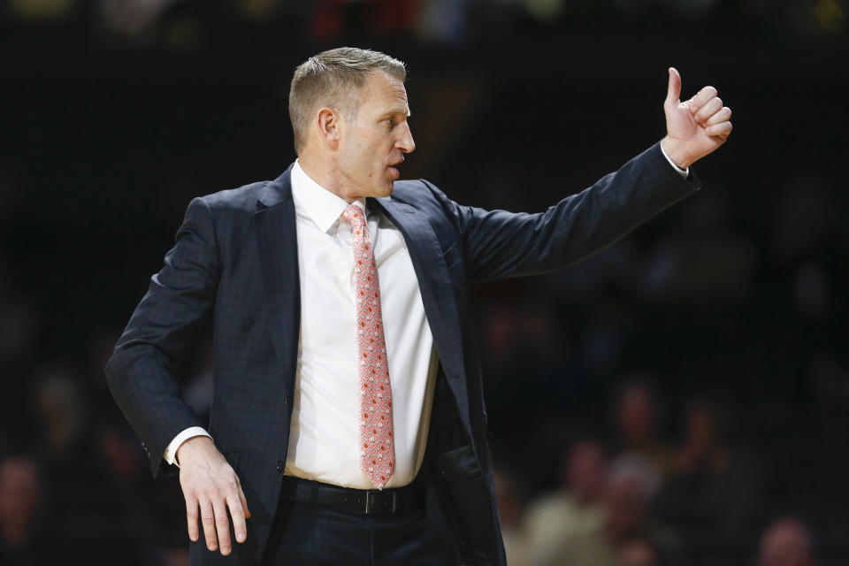 Alabama head coach Nate Oats directs his players in the second half of an NCAA college basketball game against Vanderbilt Wednesday, Jan. 22, 2020, in Nashville, Tenn. Alabama won 77-62. (AP Photo/Mark Humphrey)