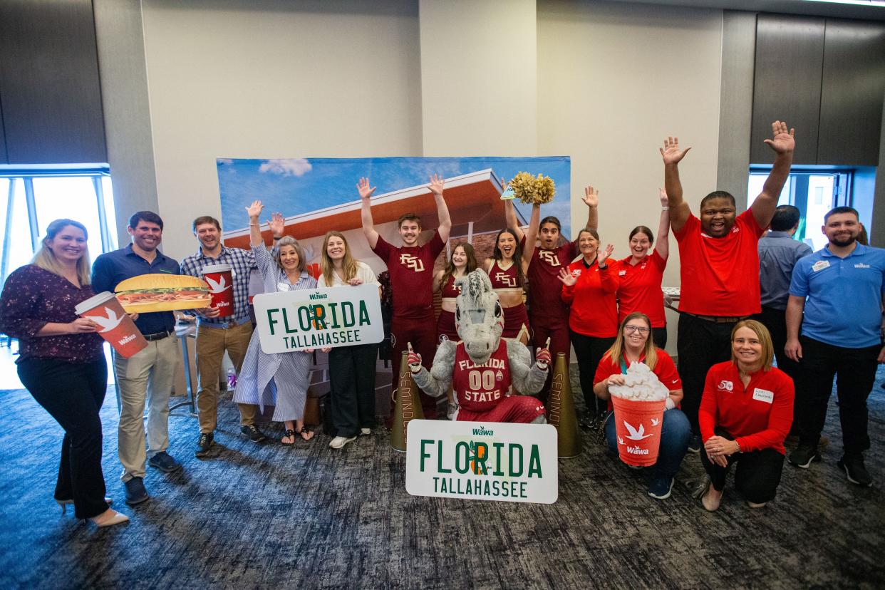 Florida State University cheerleaders and others celebrate the official Wawa announcement at the AC Hotel on Thursday, Jan. 25, 2024.