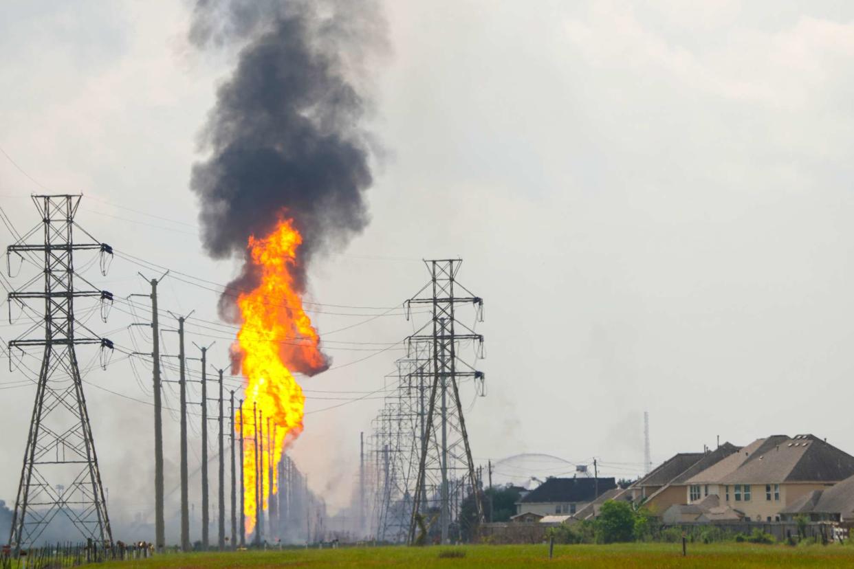 <p>Brett Coomer/Houston Chronicle via Getty </p> Flames burn from a pipeline in the 8700 block of Spencer Highway on Monday, Sept. 16, 2024 in La Porte. The La Porte Fire Department responded to a fire at 9:55 a.m. in the 8700 block of Spencer Highway, City of La Porte spokesperson Lee Woodward said in a news release. An evacuation order has been issued for residents and community members between Spencer Highway and Fairmont Parkway between Luella Boulevard and Canada Road, according to Woodward.