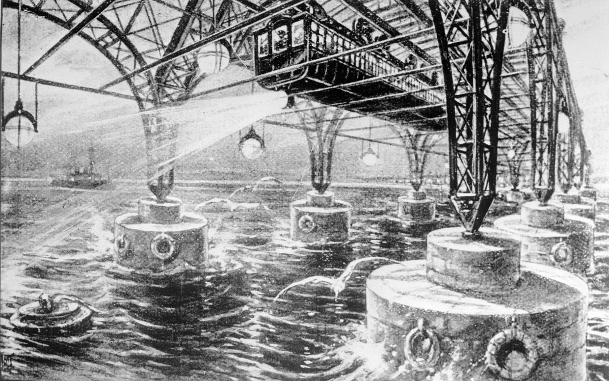 An artist's impression from 1906 of a suspended monorail spanning the English Channel