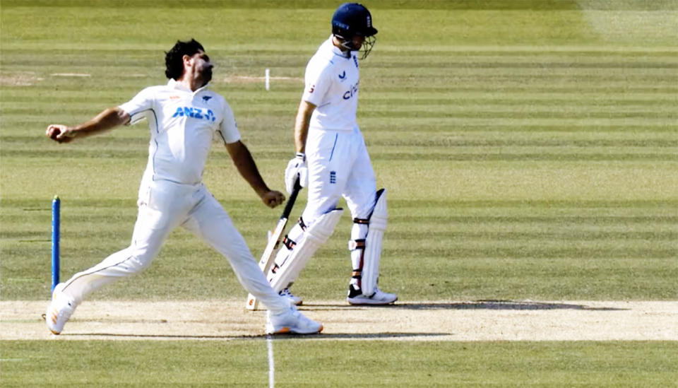 Colin de Grandhomme, pictured here bowling a no-ball while dismissing Ben Stokes.