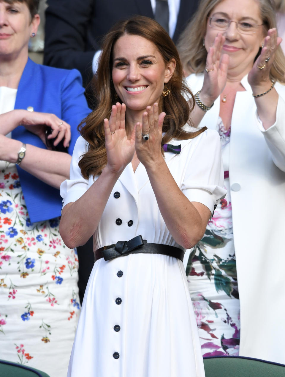 Kate Middleton, Duchess of Cambridge claps as she attends day 2 of the Wimbledon Tennis Championships at the All England Lawn Tennis and Croquet Club on July 02, 2019 