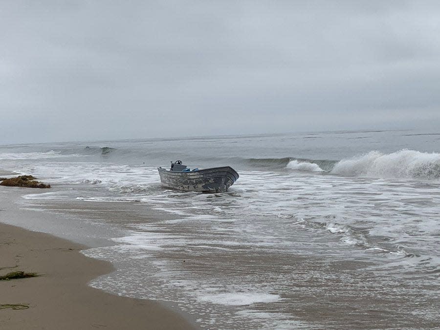 A panga boat that landed at Arroyo Quemada Beach in Santa Barbara County on Sept. 27, 2021, with 15 people and 45 pounds of methamphetamine aboard.