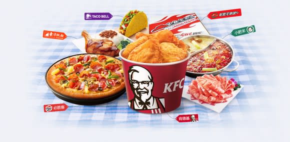 Food from Yum China's brands, including KFC, Taco Bell, and Pizza Hut.