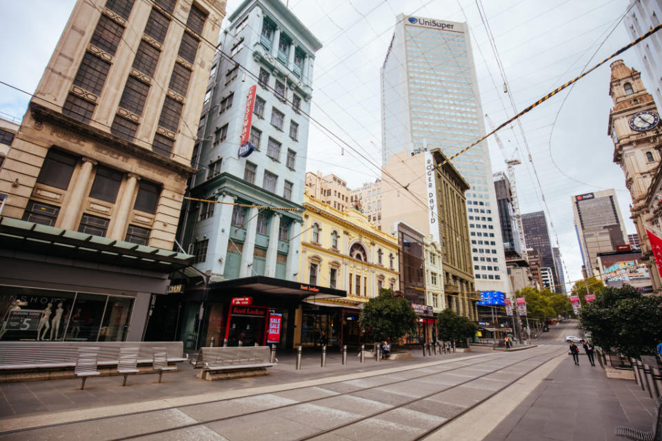 Bourke St Mall in Melbourne is quiet and empty during the Coronavirus pandemic and associated lockdown. (Source: Getty)