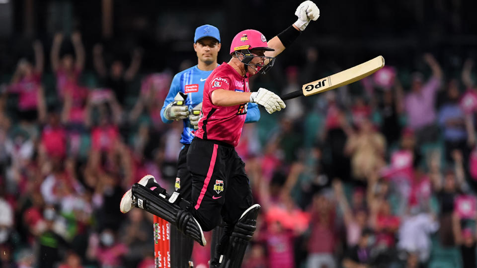Hayden Kerr hit the winning runs for the Sixers in a thrilling contest against the Adelaide Strikers on Wednesday night. (Photo by Steven Markham/Icon Sportswire via Getty Images)