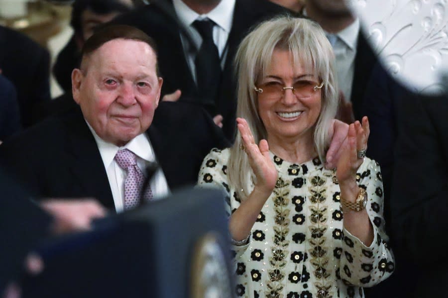 FILE – Founder, Chairman and CEO of Las Vegas Sands Sheldon Adelson and his wife Miriam Ochsorn attend a press conference with U.S. President Donald Trump and Israeli Prime Minister Benjamin Netanyahu in the East Room of the White House on January 28, 2020 in Washington, DC. (Photo by Alex Wong/Getty Images)