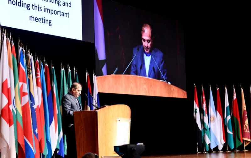 Ali-Ashgar Khaji, senior aide to Iran’s foreign minister, speaks during the international conference on the return of Syrian refugees in Damascus