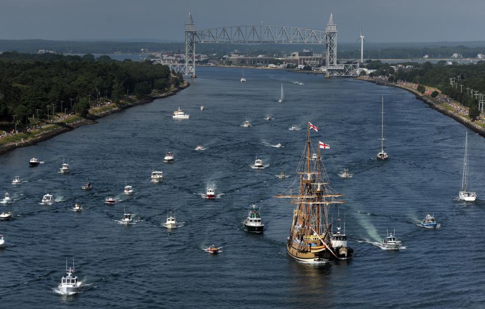 With the Railroad Bridge as a backdrop, the Mayflower II makes its way through the Cape Cod Canal in August 2020.