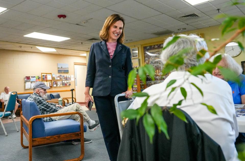 Sarah Morgenthau meets residents at Pilgrim Senior Center in Warwick. She said her experience in the Department of Homeland Security and the Commerce Department gives her an edge over her Democratic rivals. “We are losing seniority with Jim Langevin," she said, "and things could not be more urgent.”