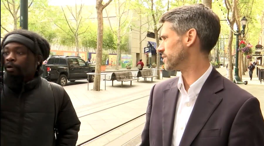 Mayor Matt Mahan tells Wesley Pollard that he is in the middle of a news interview on April 23, 2024 on South First Street in San Jose. (KRON4 photo)