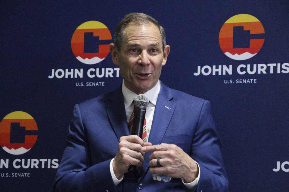 U.S. Rep. John Curtis, a candidate for the U.S. Senate seat Mitt Romney is vacating, speaks at the Utah Republican Party Convention, April 27, 2024, at the Salt Palace Convention Center in Salt Lake City, Utah. (AP Photo/Hannah Schoenbaum)
