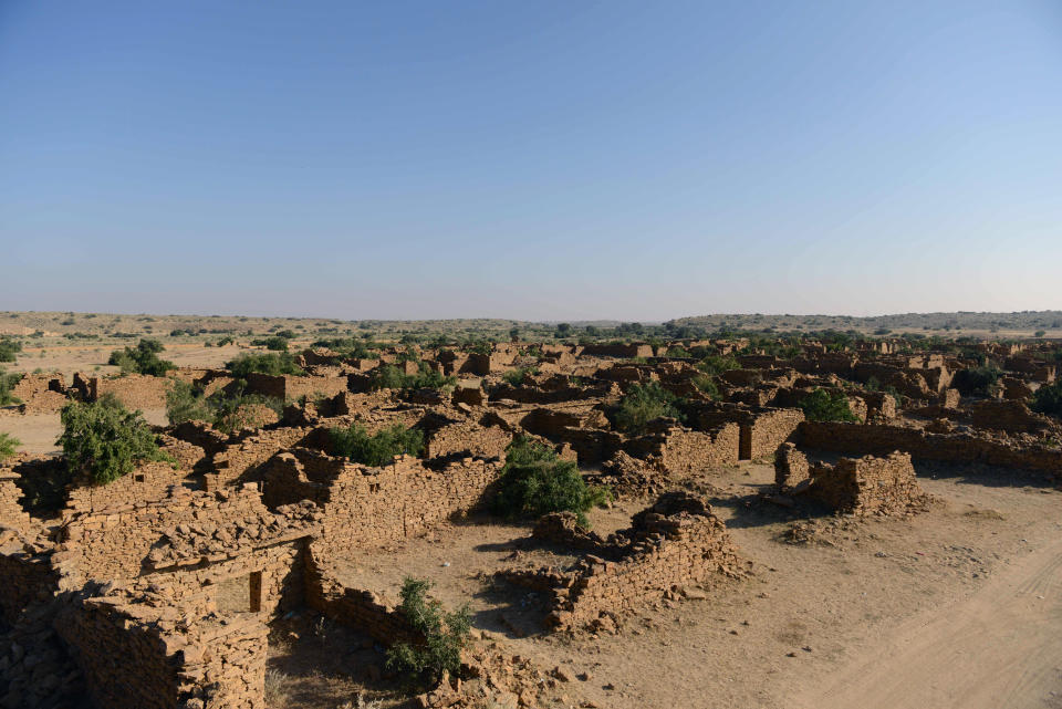 A general view of the abandoned village at Kuldhara, near Jaisalmer in the Indian state of Rajasthan, on December 4, 2015.  Villagers in Kuldhara fled in 1762 -- locals say the area is 