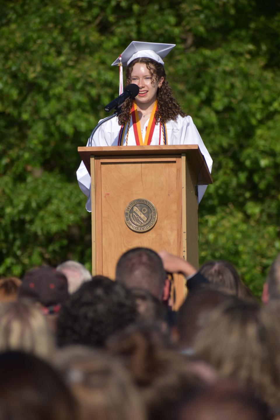 Bishop Connolly High School Valedictorian Anya Costello delivers her address to the graduating class of 2023 on Wednesday, May 31, 2023.