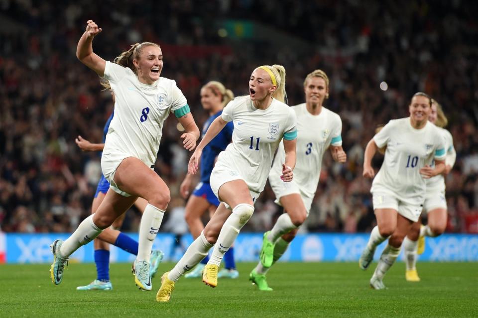 Georgia Stanway celebrates after restoring England’s lead from the spot (The FA via Getty Images)