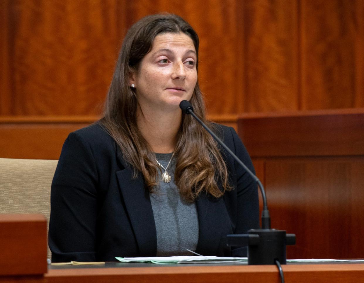 Lindsay Bird, a DNA expert with the Massachusetts State Police crime lab, testifies during the Steven M. Foley murder trial in Worcester Superior Court on Tuesday.