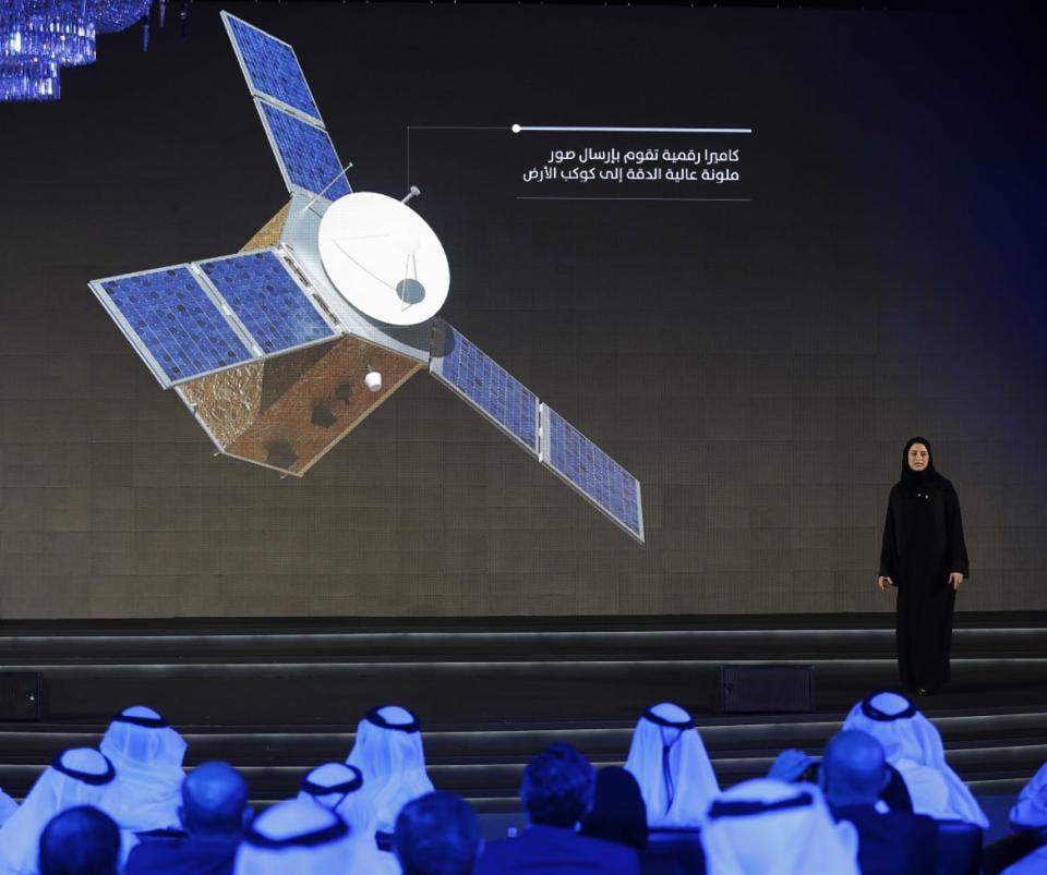 Amiri stands on stage during the launch of the Mars Hope mission on May 6, 2015 in Dubai. 